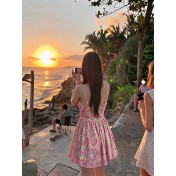 HSPN6923002 Coconut Grove Holiday Thai Island Dai Ethnic Resort Strapless Two-Piece Long Dress with Green Floral Print for Photoshoot