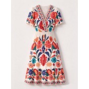 FCSE61007001 V-neck floral print jumpsuit, short-sleeved design, resort style, A-line midi skirt, beachwear.