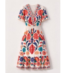 FCSE61007001 V-neck floral print jumpsuit, short-sleeved design, resort style, A-line midi skirt, beachwear.