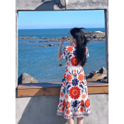 FCSE61007001 V-neck floral print jumpsuit, short-sleeved design, resort style, A-line midi skirt, beachwear.