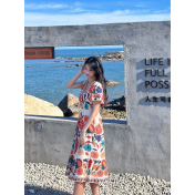 FCSE61007001 V-neck floral print jumpsuit, short-sleeved design, resort style, A-line midi skirt, beachwear.