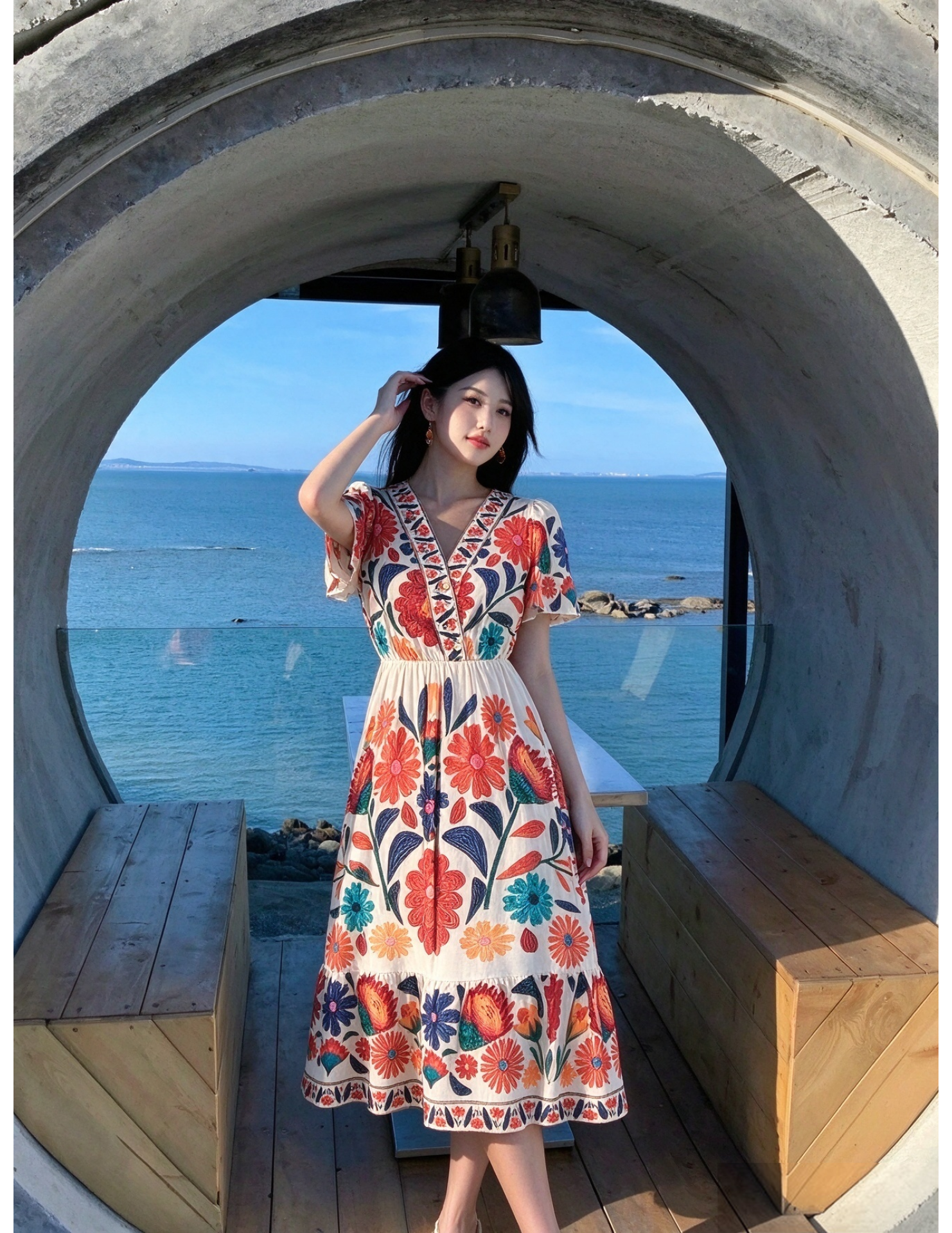 FCSE61007001 V-neck floral print jumpsuit, short-sleeved design, resort style, A-line midi skirt, beachwear.