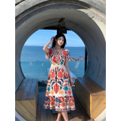 FCSE61007001 V-neck floral print jumpsuit, short-sleeved design, resort style, A-line midi skirt, beachwear.