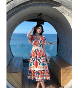 FCSE61007001 V-neck floral print jumpsuit, short-sleeved design, resort style, A-line midi skirt, beachwear.