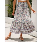 FCSE61009001 Lace-trimmed maxi dress, rayon cotton, bohemian beach vacation style dress