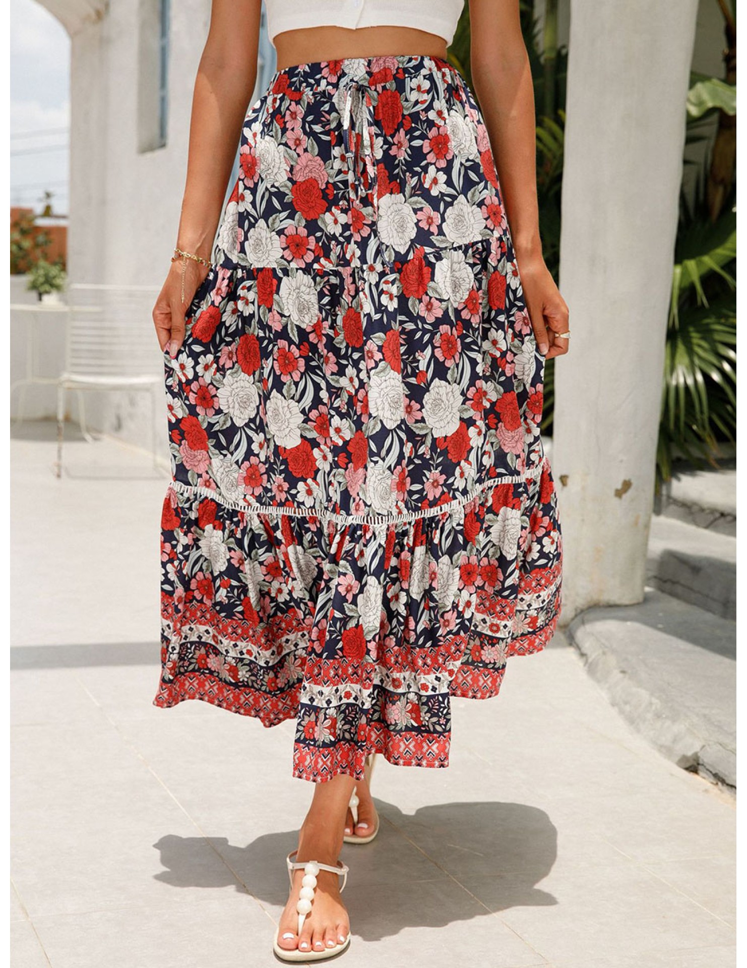 FCSE61009001 Lace-trimmed maxi dress, rayon cotton, bohemian beach vacation style dress