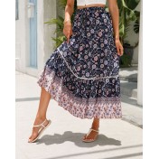 FCSE61009001 Lace-trimmed maxi dress, rayon cotton, bohemian beach vacation style dress