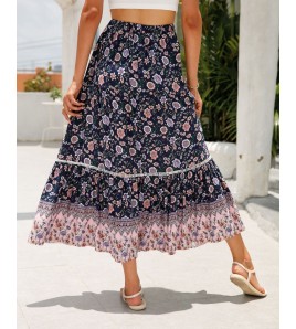 FCSE61009001 Lace-trimmed maxi dress, rayon cotton, bohemian beach vacation style dress