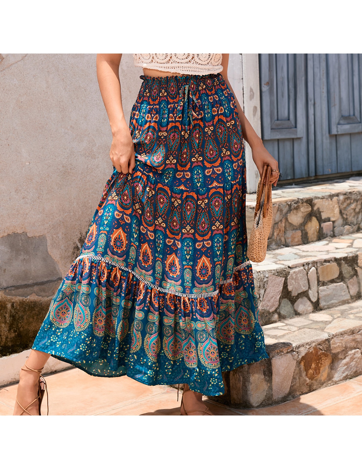 FCSE61009002 Bohemian Exotic Lace Patchwork Rayon Midi Skirt