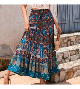 FCSE61009002 Bohemian Exotic Lace Patchwork Rayon Midi Skirt