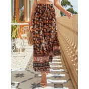 FCSE61009003 Bohemian style cotton button-down slit retro-style midi skirt with a full skirt.