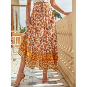 FCSE61009003 Bohemian style cotton button-down slit retro-style midi skirt with a full skirt.