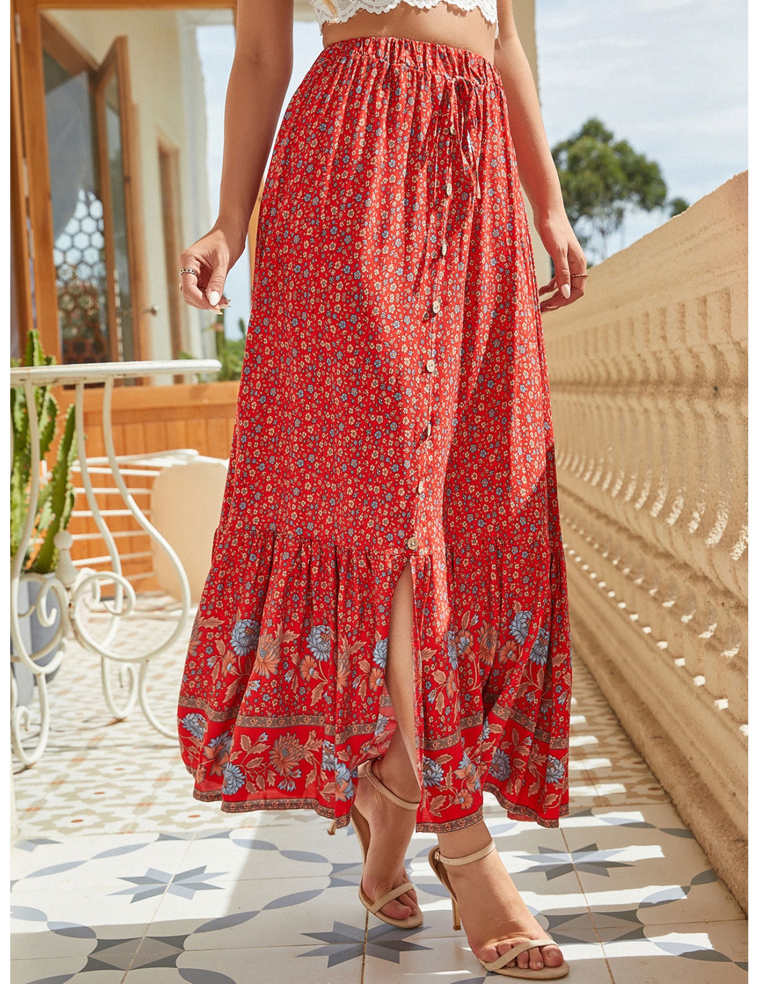FCSE61009003 Bohemian style cotton button-down slit retro-style midi skirt with a full skirt.