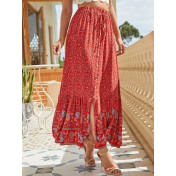FCSE61009003 Bohemian style cotton button-down slit retro-style midi skirt with a full skirt.