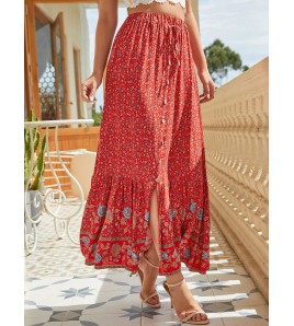 FCSE61009003 Bohemian style cotton button-down slit retro-style midi skirt with a full skirt.