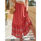 FCSE61009003 Bohemian style cotton button-down slit retro-style midi skirt with a full skirt.