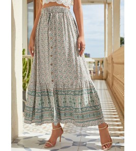FCSE61009003 Bohemian style cotton button-down slit retro-style midi skirt with a full skirt.