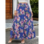 FCSE61009005 Retro Large Floral Elastic High-Waisted Midi Skirt, Vacation Style, Ruffled Full Skirt
