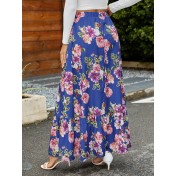 FCSE61009005 Retro Large Floral Elastic High-Waisted Midi Skirt, Vacation Style, Ruffled Full Skirt