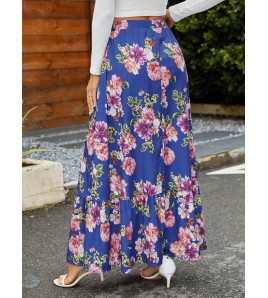 FCSE61009005 Retro Large Floral Elastic High-Waisted Midi Skirt, Vacation Style, Ruffled Full Skirt