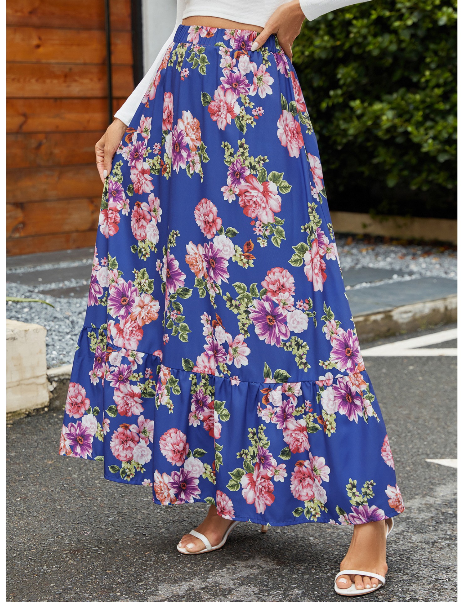 FCSE61009005 Retro Large Floral Elastic High-Waisted Midi Skirt, Vacation Style, Ruffled Full Skirt