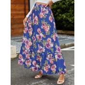 FCSE61009005 Retro Large Floral Elastic High-Waisted Midi Skirt, Vacation Style, Ruffled Full Skirt