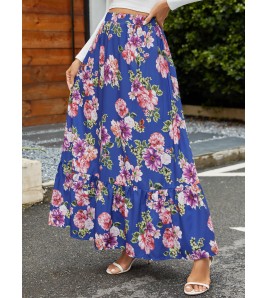 FCSE61009005 Retro Large Floral Elastic High-Waisted Midi Skirt, Vacation Style, Ruffled Full Skirt
