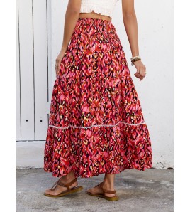FCSE61009006 High waist bohemian seaside vacation skirt hollow lace patchwork large hem beach dress