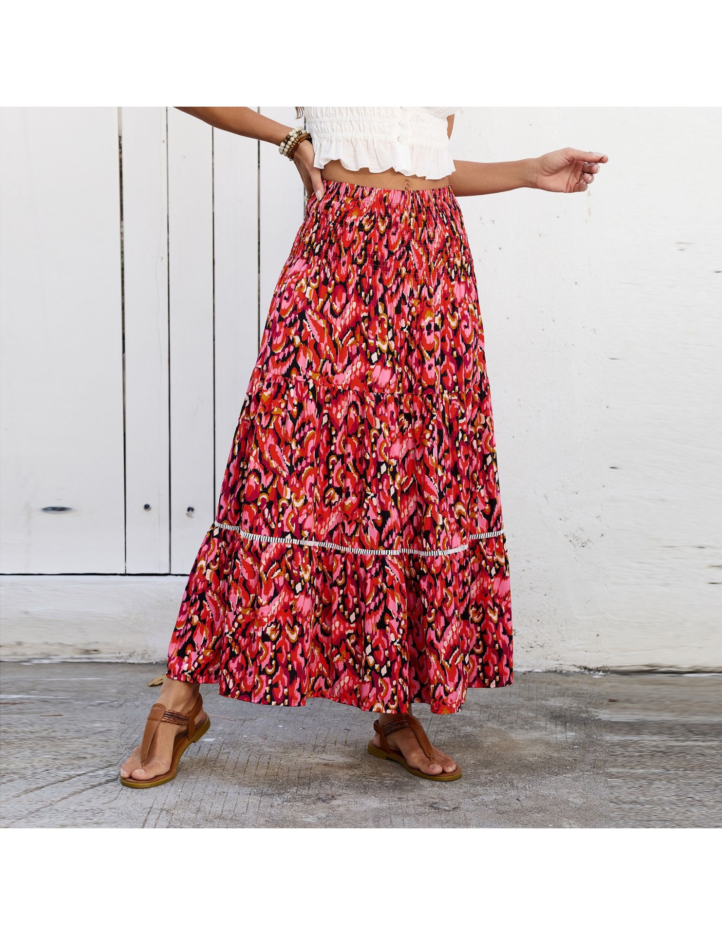 FCSE61009006 High waist bohemian seaside vacation skirt hollow lace patchwork large hem beach dress