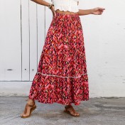 FCSE61009006 High waist bohemian seaside vacation skirt hollow lace patchwork large hem beach dress