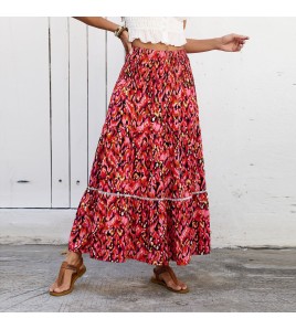 FCSE61009006 High waist bohemian seaside vacation skirt hollow lace patchwork large hem beach dress