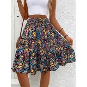 FCSE61010001 Small Floral Print Women's Floral Bohemian Ruffled Hem Midi Skirt