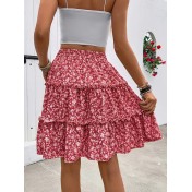FCSE61010001 Small Floral Print Women's Floral Bohemian Ruffled Hem Midi Skirt