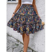 FCSE61010001 Small Floral Print Women's Floral Bohemian Ruffled Hem Midi Skirt
