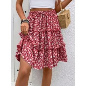 FCSE61010001 Small Floral Print Women's Floral Bohemian Ruffled Hem Midi Skirt