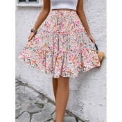 FCSE61010001 Small Floral Print Women's Floral Bohemian Ruffled Hem Midi Skirt