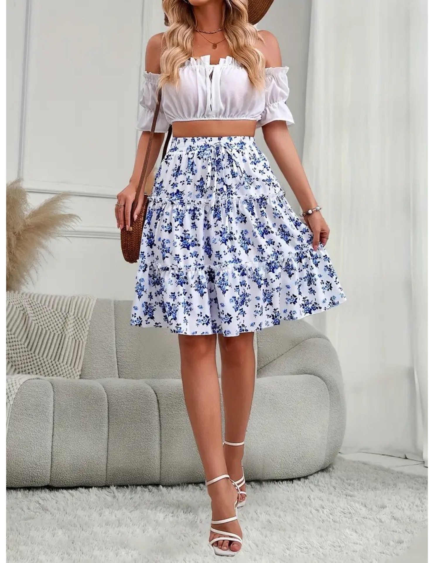 FCSE61010001 Small Floral Print Women's Floral Bohemian Ruffled Hem Midi Skirt