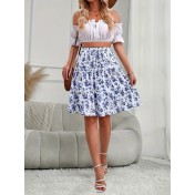 FCSE61010001 Small Floral Print Women's Floral Bohemian Ruffled Hem Midi Skirt