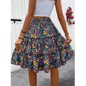 FCSE61010001 Small Floral Print Women's Floral Bohemian Ruffled Hem Midi Skirt