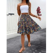 FCSE61010001 Small Floral Print Women's Floral Bohemian Ruffled Hem Midi Skirt