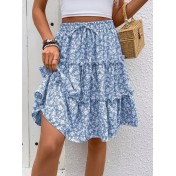 FCSE61010001 Small Floral Print Women's Floral Bohemian Ruffled Hem Midi Skirt