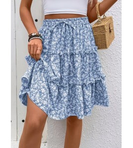 FCSE61010001 Small Floral Print Women's Floral Bohemian Ruffled Hem Midi Skirt