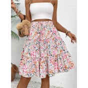 FCSE61010001 Small Floral Print Women's Floral Bohemian Ruffled Hem Midi Skirt
