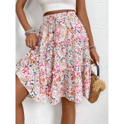 FCSE61010001 Small Floral Print Women's Floral Bohemian Ruffled Hem Midi Skirt