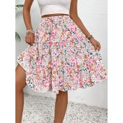 FCSE61010001 Small Floral Print Women's Floral Bohemian Ruffled Hem Midi Skirt