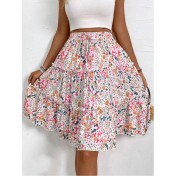 FCSE61010001 Small Floral Print Women's Floral Bohemian Ruffled Hem Midi Skirt