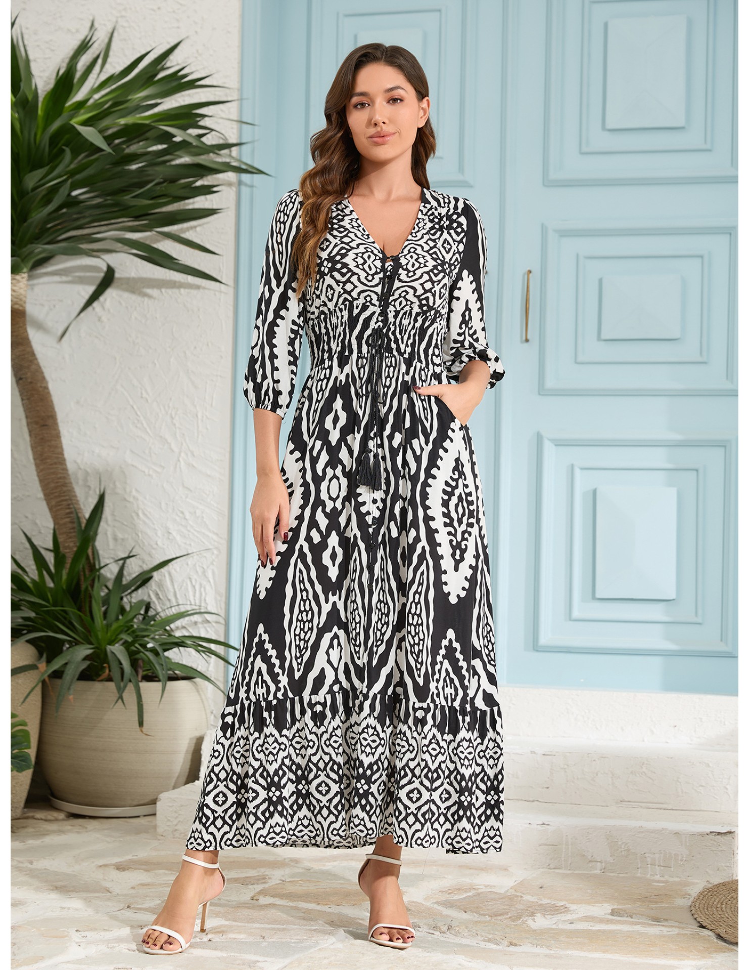 FCSE61010002 Cotton Three-Quarter Sleeve Waist-cinching Bohemian Resort Beach Dress