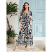 FCSE61010002 Cotton Three-Quarter Sleeve Waist-cinching Bohemian Resort Beach Dress