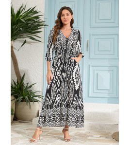 FCSE61010002 Cotton Three-Quarter Sleeve Waist-cinching Bohemian Resort Beach Dress