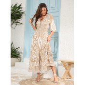 FCSE61010002 Cotton Three-Quarter Sleeve Waist-cinching Bohemian Resort Beach Dress